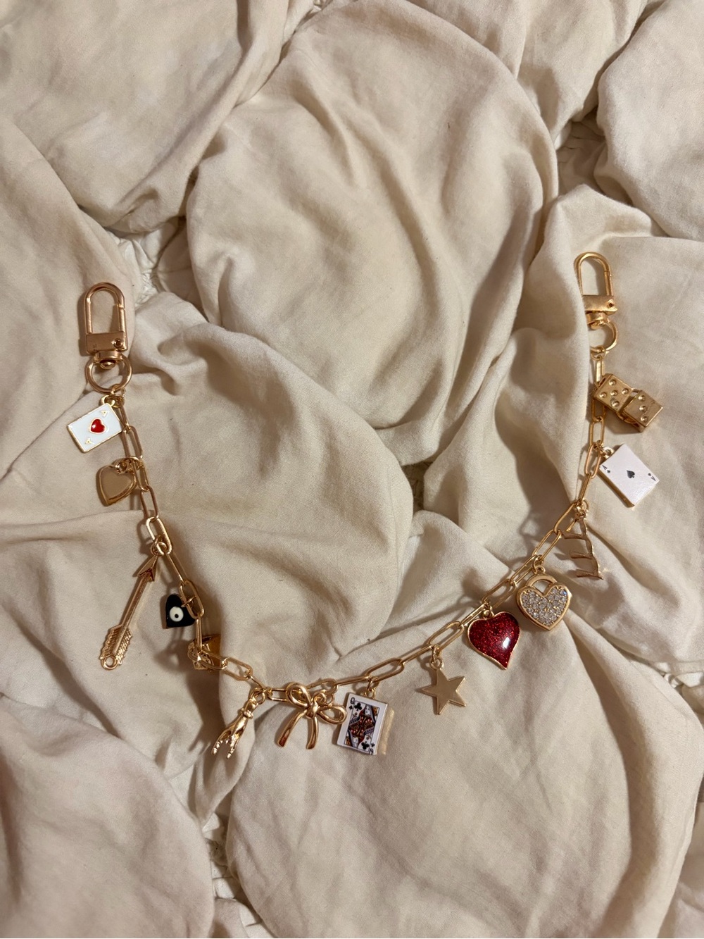Free People Gold Tone Coquette Heart Bow Multi-Charm Bag Chain Strap
